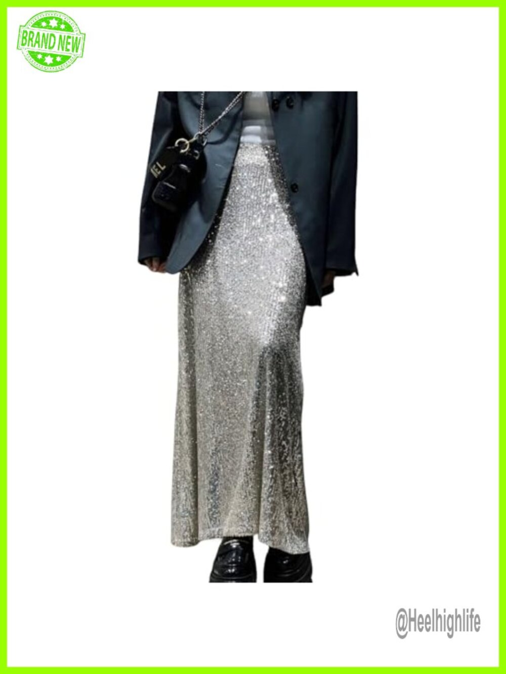 Women's Silver Sequin Midi Skirt High Waist Stretchy Glitter Pencil Skirt Night